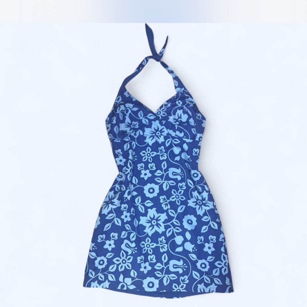 Elegant Blue Floral Halter Dress